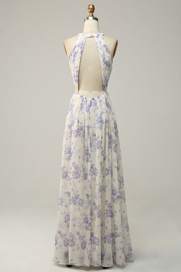 White Purple Flower Sheath Halter Backless Ruched Chiffon Bridesmaid Dress